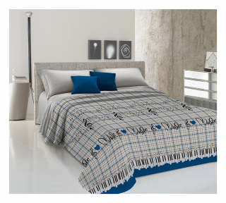 Žakarová prikrývka na posteľ HUDBA modrá