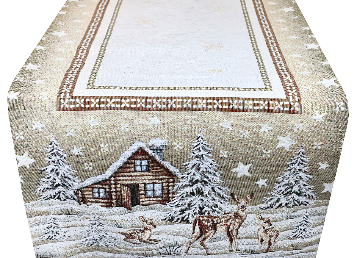 Vianočný gobelínový behúň na stôl Zimná krajina na béžovom 40x180 cm Chenille IT030