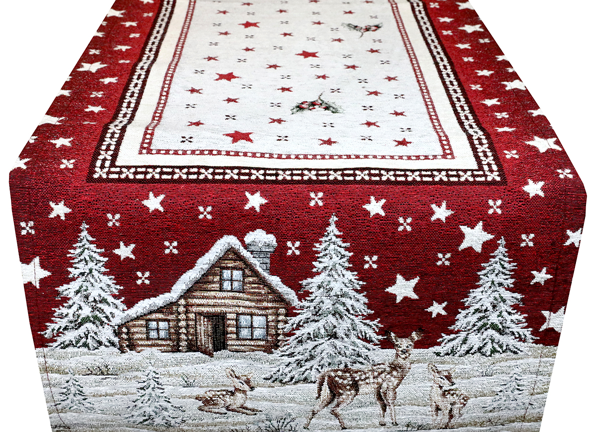 Vianočný gobelínový behúň na stôl Zimná krajina na bordovom 40x180 cm Chenille IT029