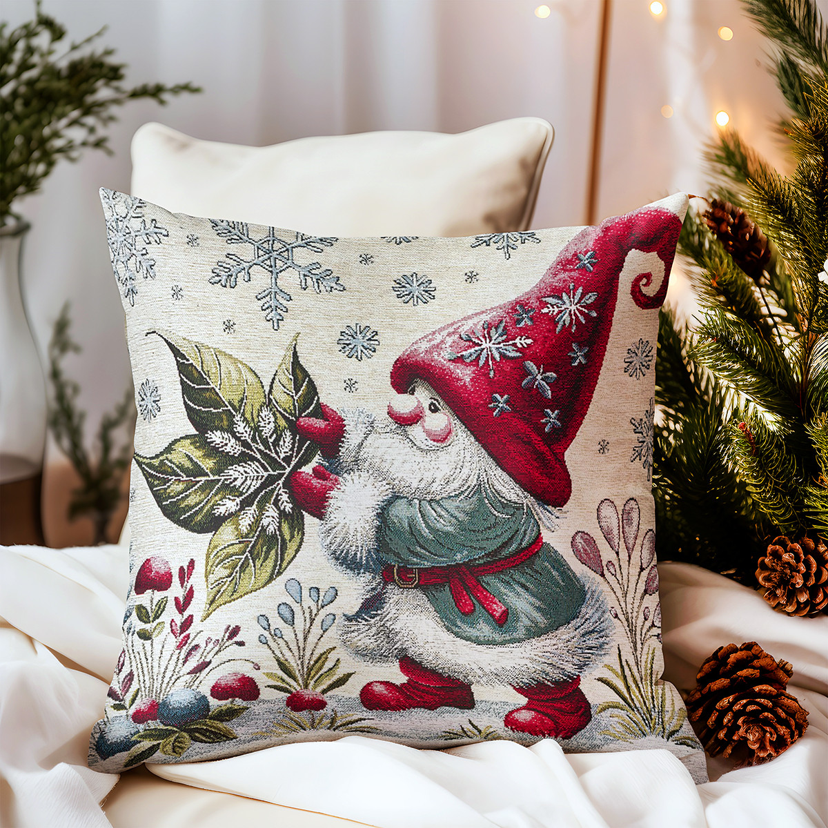 Vianočná gobelínová obliečka na vankúš Listový škriatok 42x42 cm Chenille IT033