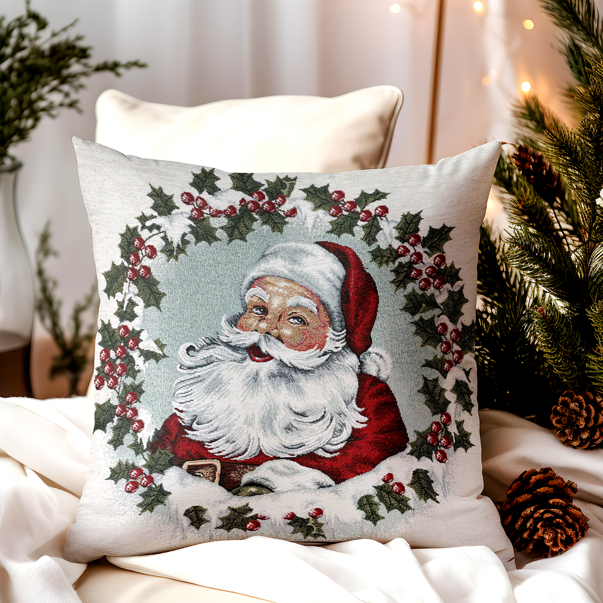 Vianočná gobelínová obliečka na vankúš Mikuláš Chenille IT014