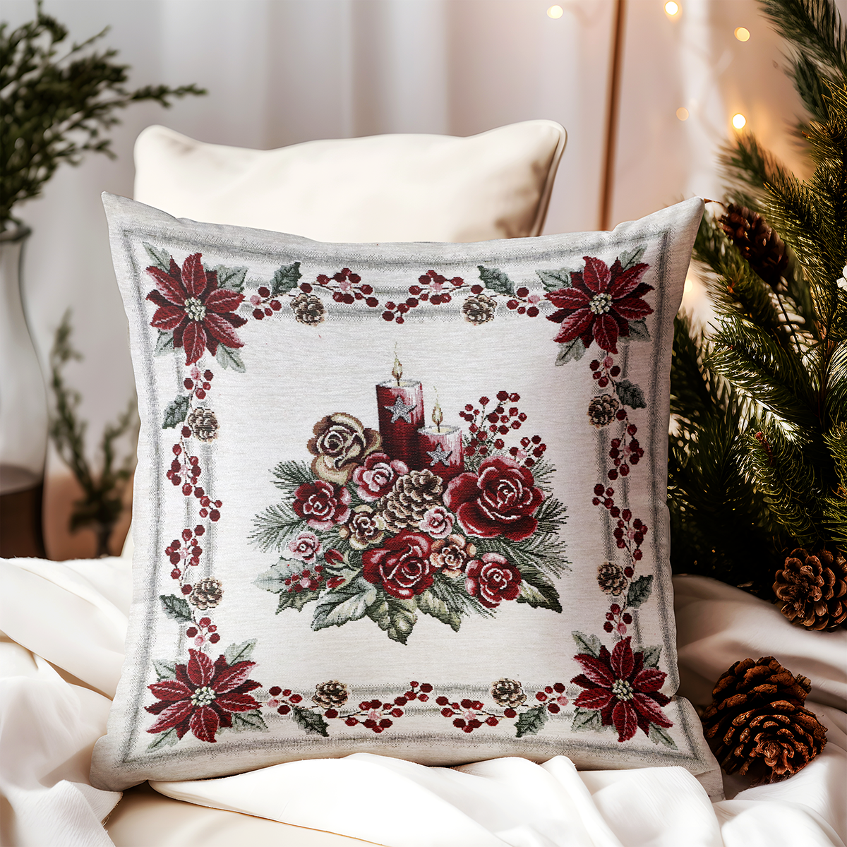 Vianočná gobelínová obliečka na vankúš Vianočná svieca Chenille IT015