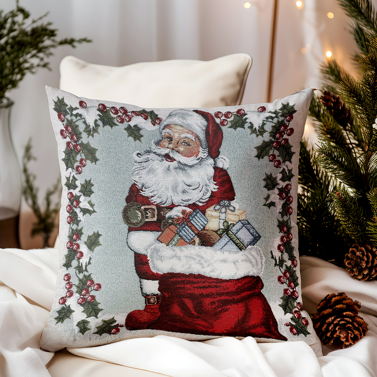 Vianočná gobelínová obliečka na vankúš Mikuláš s darčekami Chenille IT016