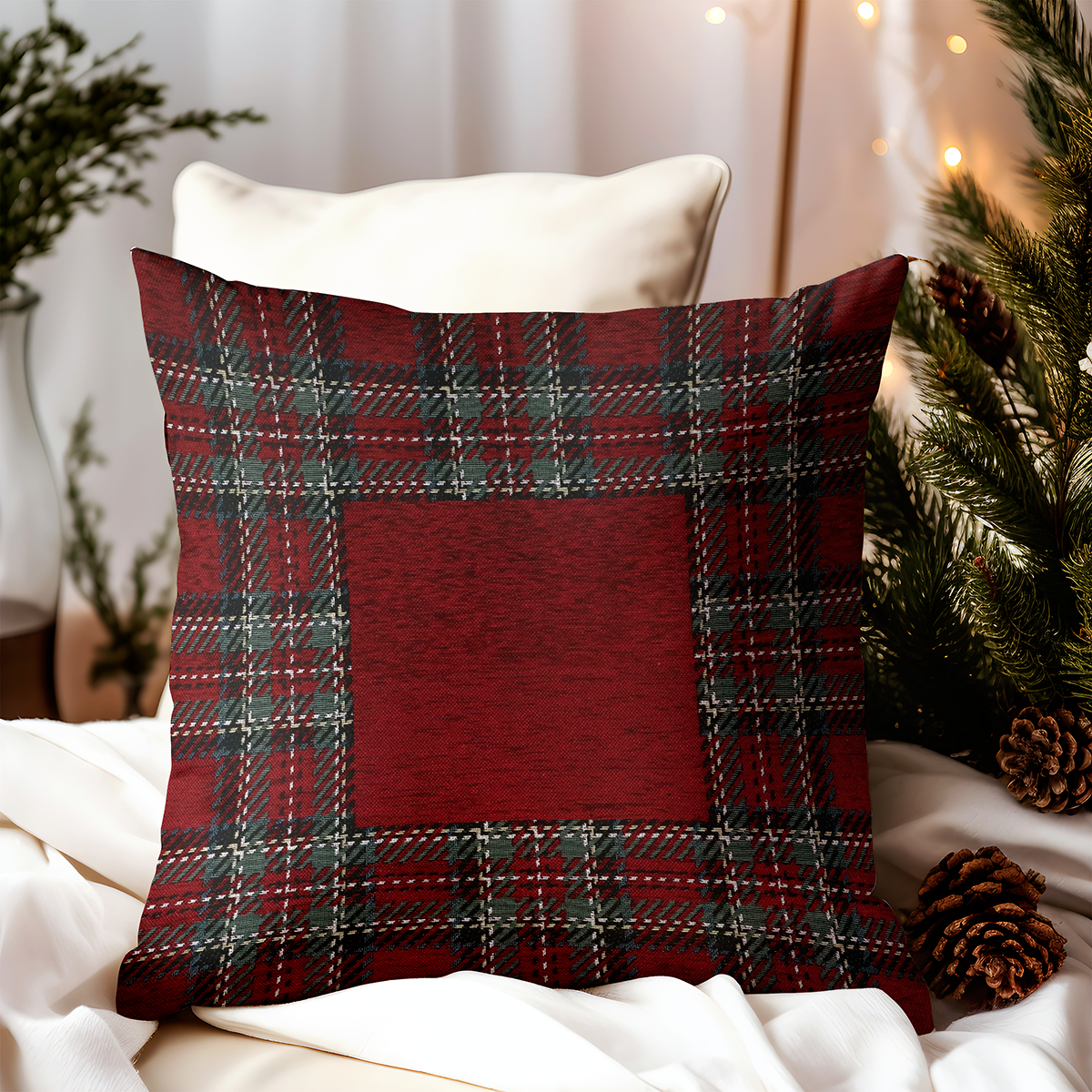 Vianočná gobelínová obliečka na vankúš Tartan bordový 42x42 cm Chenille IT025