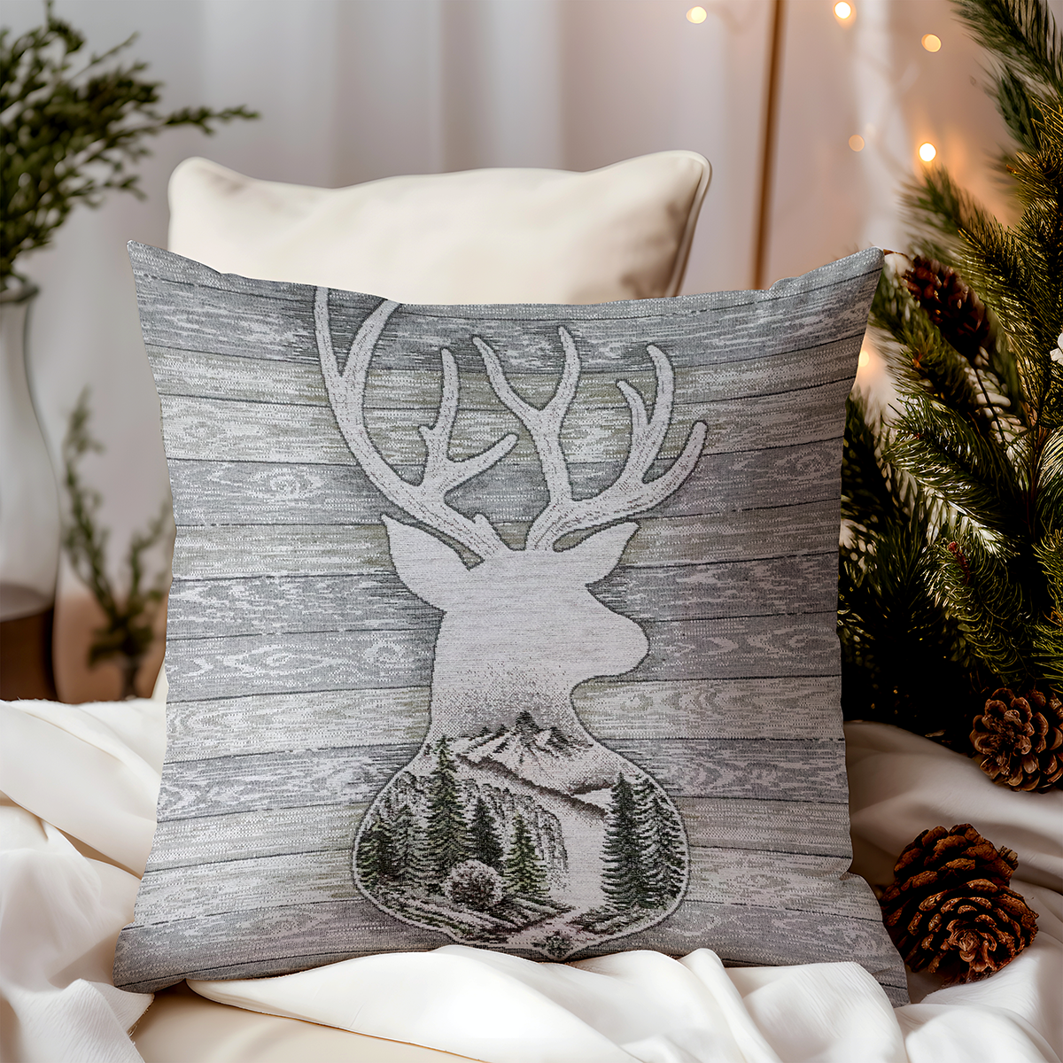 Vianočná gobelínová obliečka na vankúš Jeleň šedý 42x42 cm Chenille IT027