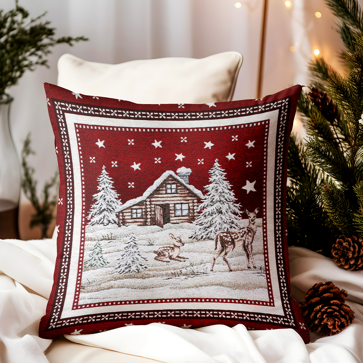 Vianočná gobelínová obliečka na vankúš Zimná krajina na bordovom 42x42 cm Chenille IT029