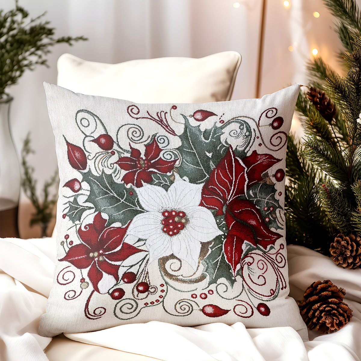 Vianočná gobelínová obliečka na vankúš Vianočná ruža 42x42 cm Chenille IT040