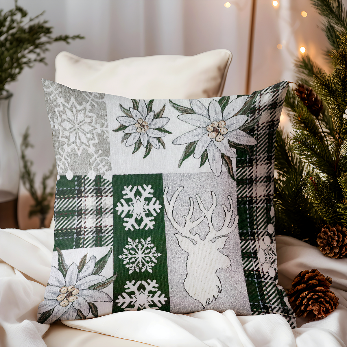 Vianočná gobelínová obliečka na vankúš Zelená elegancia 42x42 cm Chenille IT041