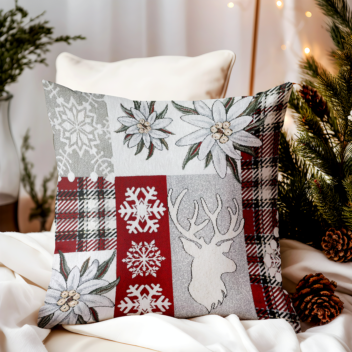 Vianočná gobelínová obliečka na vankúš Červená elegancia 42x42 cm Chenille IT041