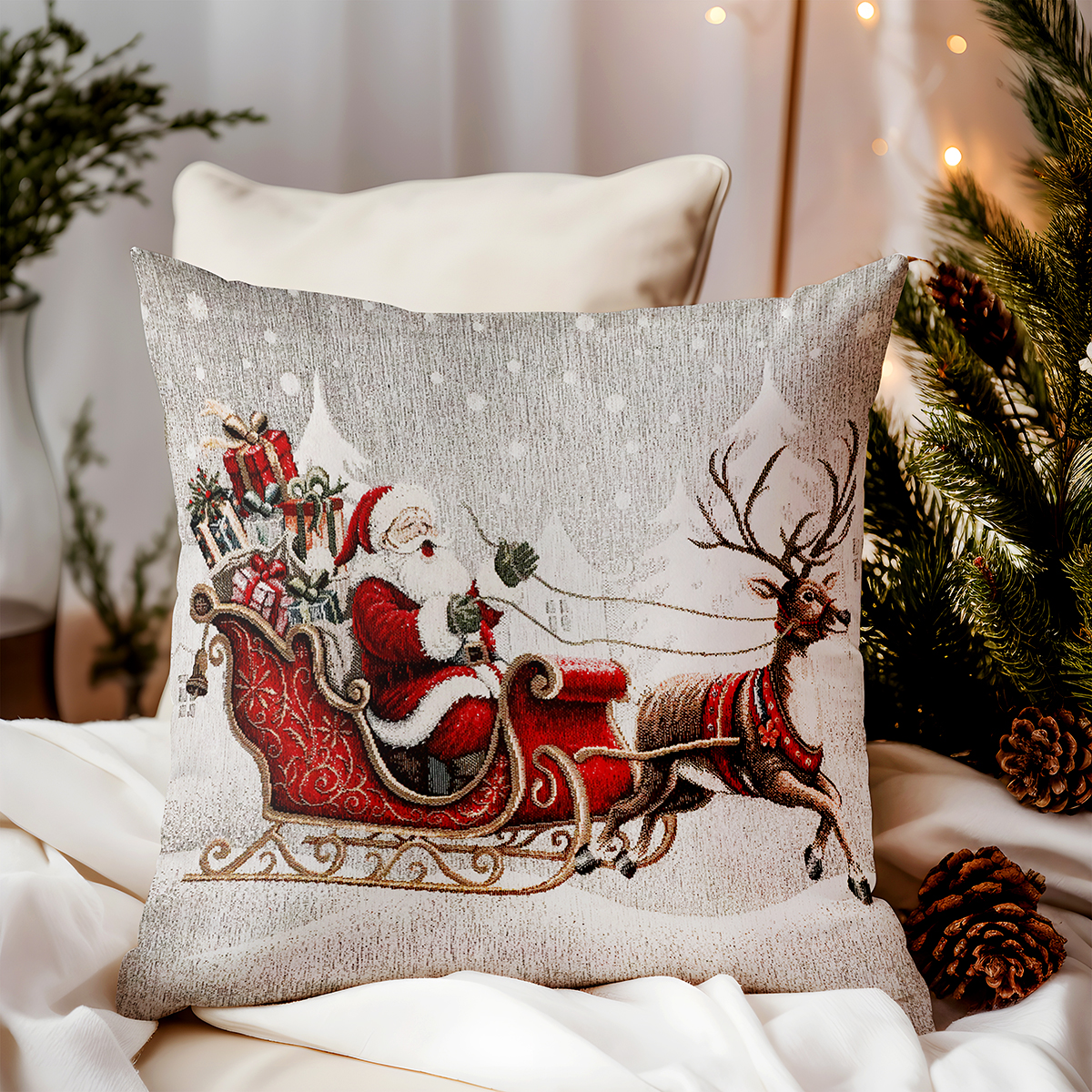 Vianočná gobelínová obliečka na vankúš Mikuláš na koči 42x42 cm Chenille IT042