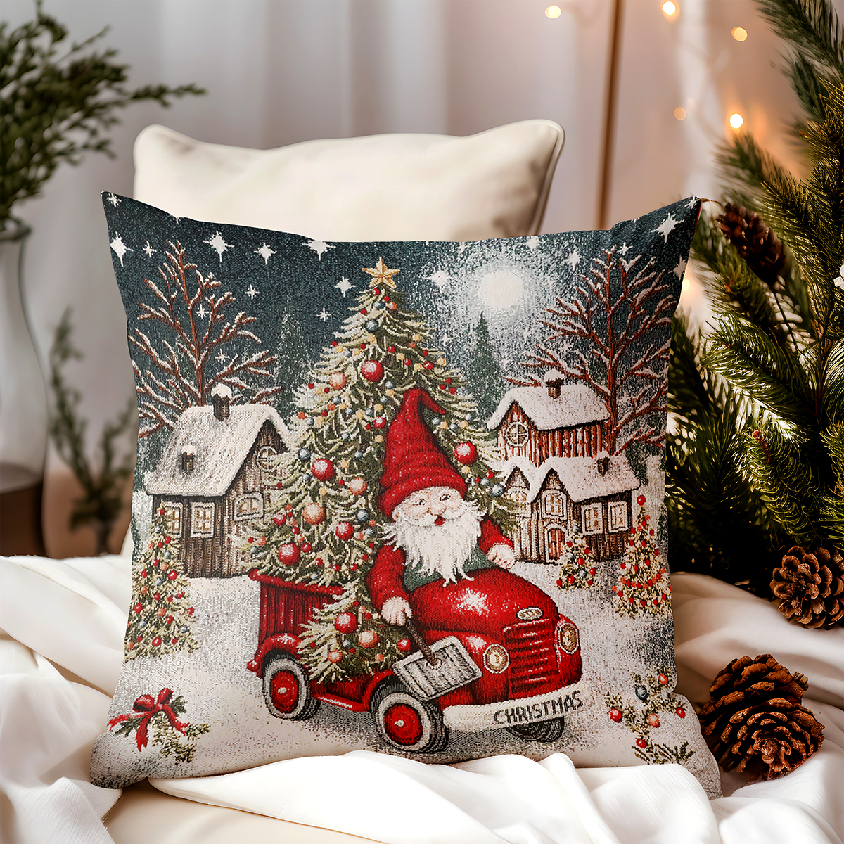 Vianočná gobelínová obliečka na vankúš Škriatok na aute 42x42 cm Chenille IT043