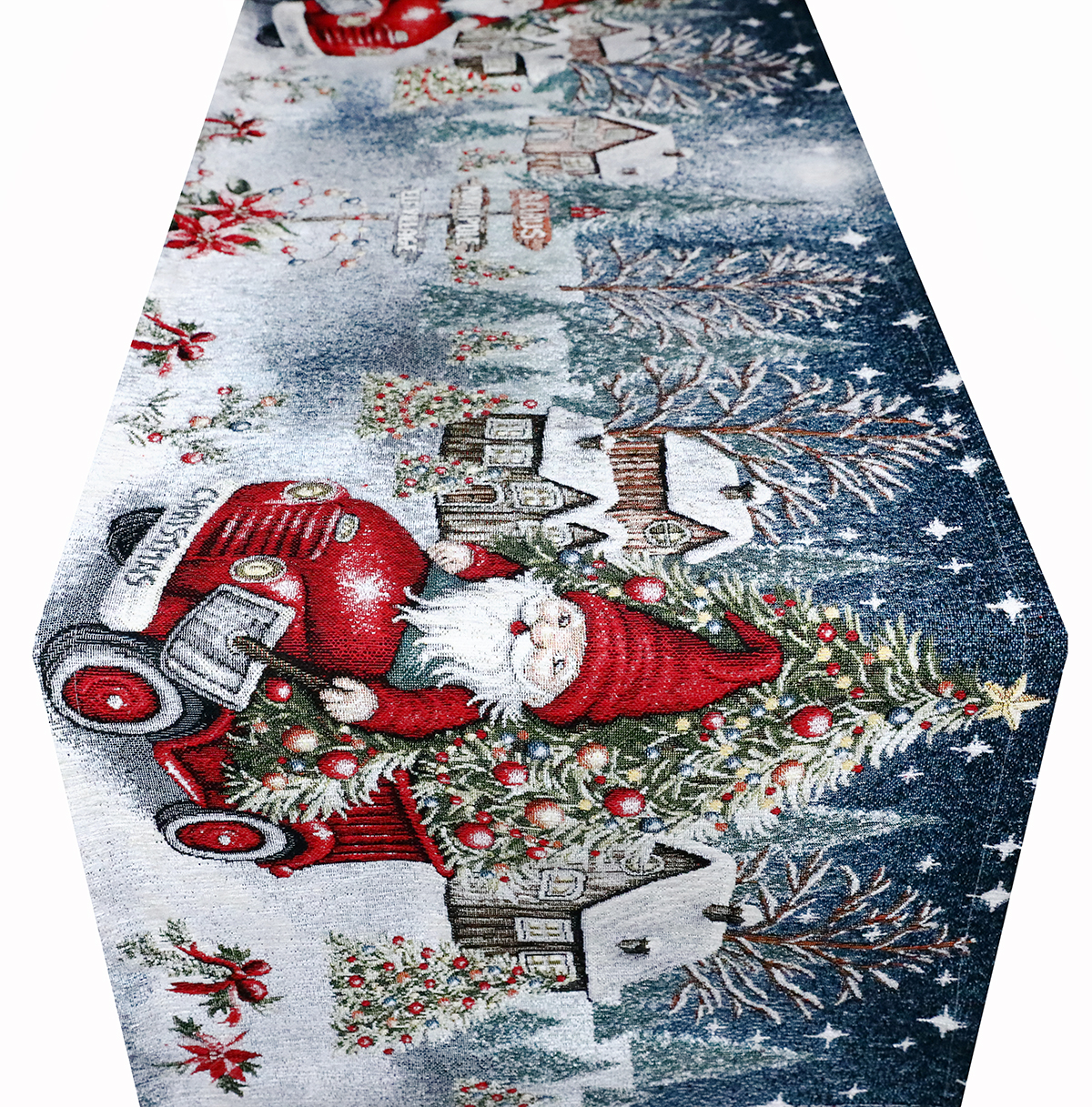 Vianočný gobelínový behúň na stôl Škriatok na aute 40x130 cm Chenille IT043