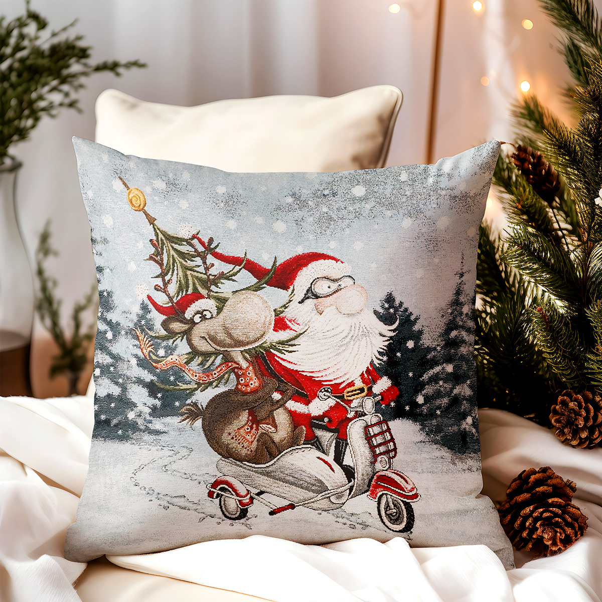 Vianočná gobelínová obliečka na vankúš Santa na skútri 42x42 cm Chenille IT045