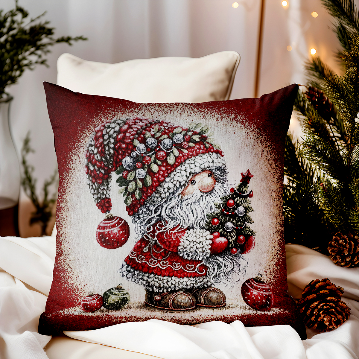 Vianočná gobelínová obliečka na vankúš Borovicový škriatok 42x42 cm Chenille IT046