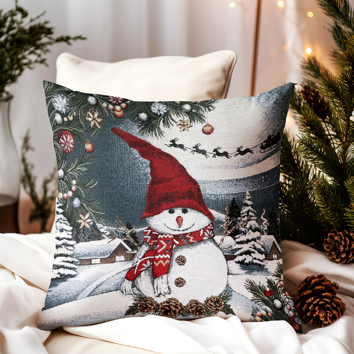 Vianočná gobelínová obliečka na vankúš Snehuliak Chenille IT07
