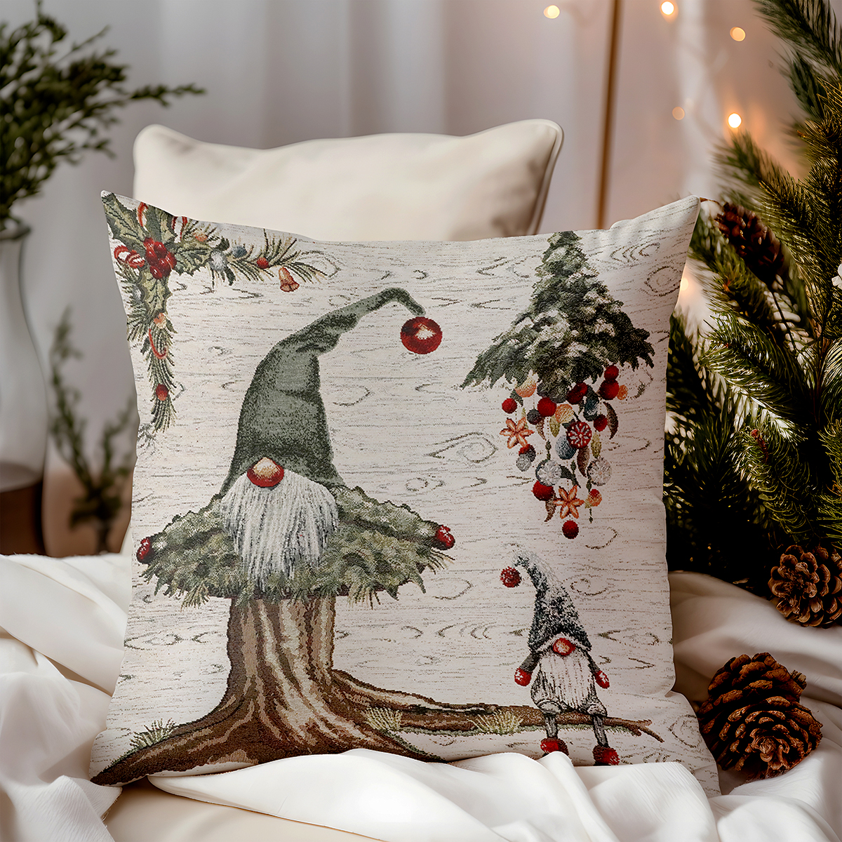 Vianočná gobelínová obliečka na vankúš Zelení škriatkovia Chenille IT06