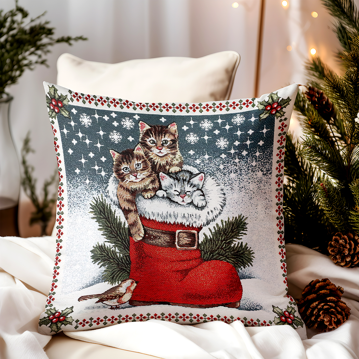 Vianočná gobelínová obliečka na vankúš Kocúriky v čižme 42x42 cm Chenille IT02