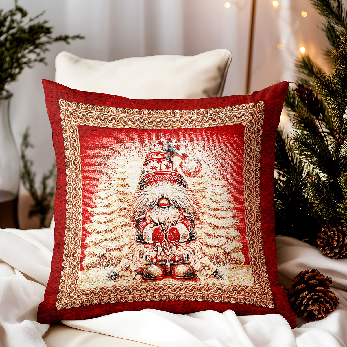 Luxusná vianočná gobelínová obliečka na vankúš s vianočným škriatkom a zlatou lurexovou niťou