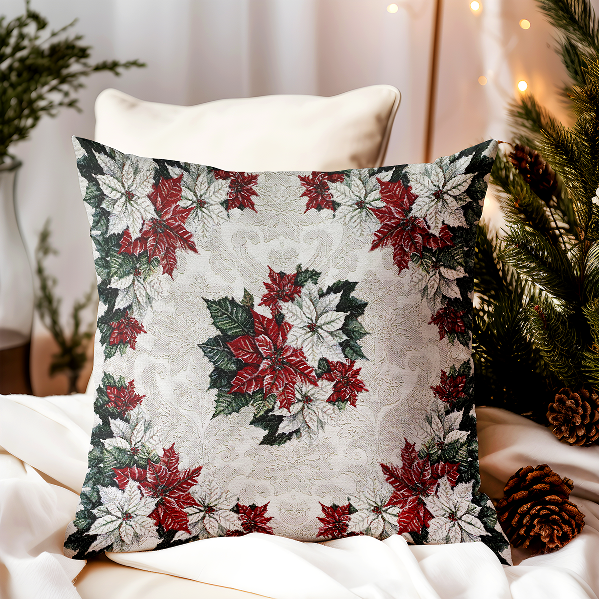 Luxusná vianočná gobelínová obliečka na vankúš s lurexom Vianočná girlanda