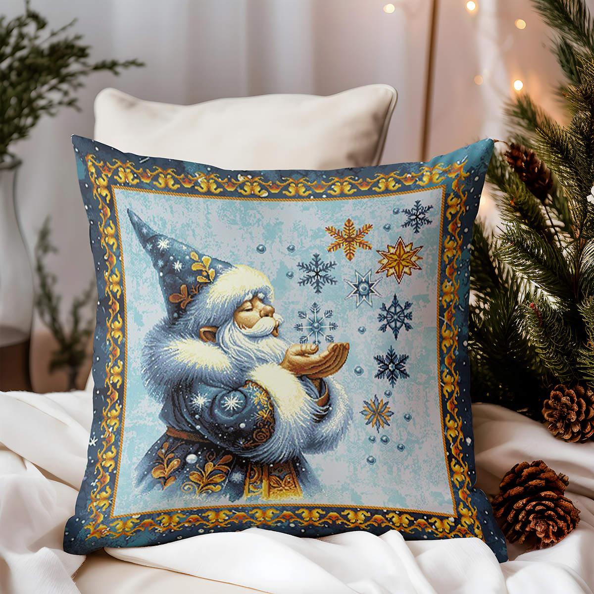 Vianočná gobelínová obliečka na vankúš s lurexom Magický Santa a snehové vločky