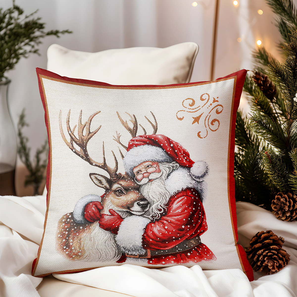 Vianočná gobelínová obliečka na vankúš s lurexom Stromček & Santa