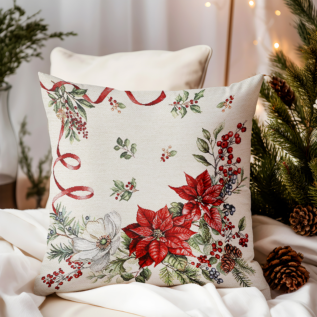 Vianočná gobelínová obliečka na vankúš s lurexom – vianočné kvety a vetvičky