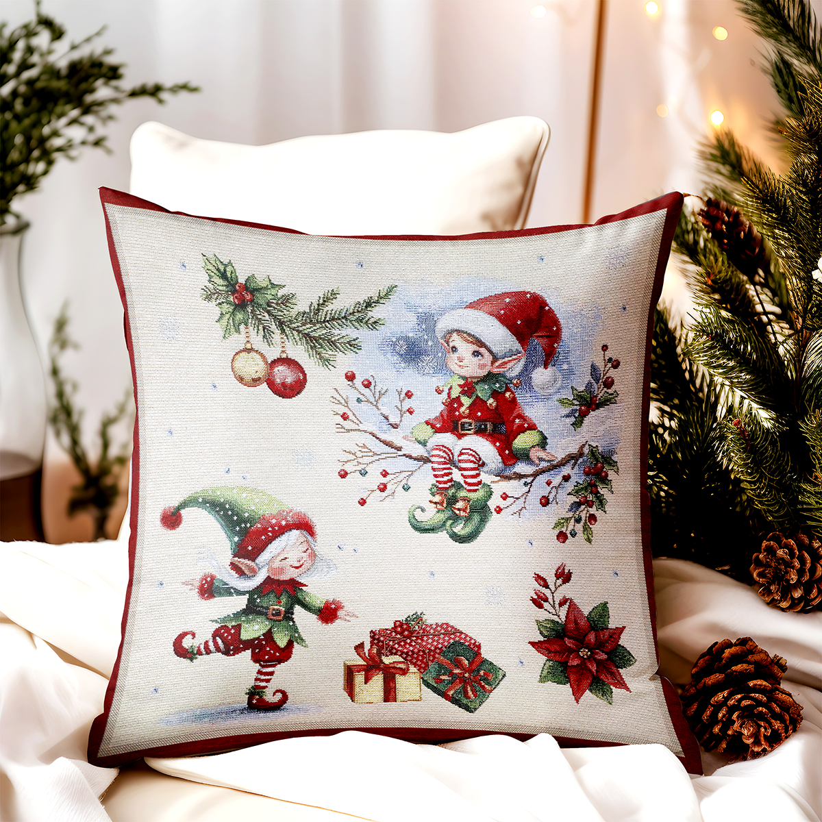 Vianočná gobelínová obliečka na vankúš Veselí škriatkovia s lurexom