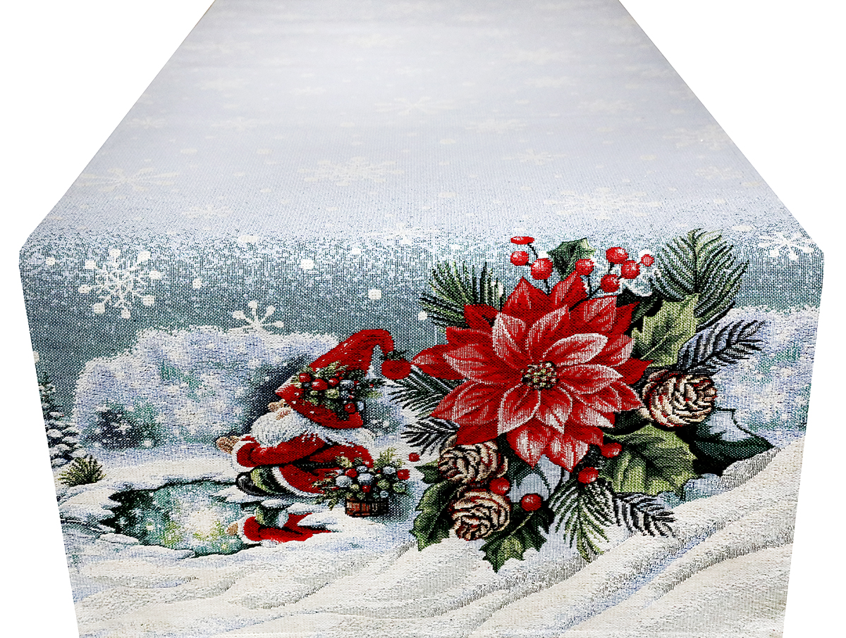 Vianočná gobelínová štóla na stôl s lurexom Škriatok na korčuliach