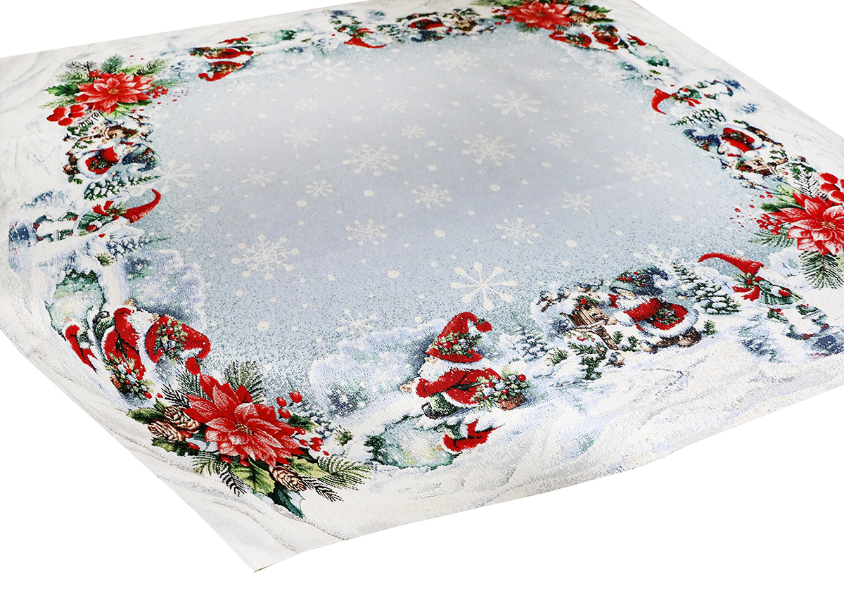 Vianočný gobelínový obrus s lurexom Škriatok na korčuliach