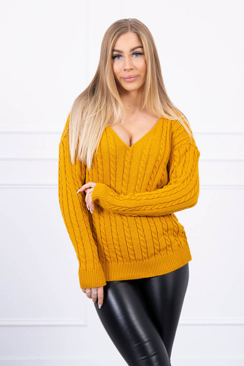 Dámsky sveter s výstrihom 2019-33 okrový