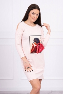 Šaty s grafikou a podkovanou mašlou 3D pudrovo ružové